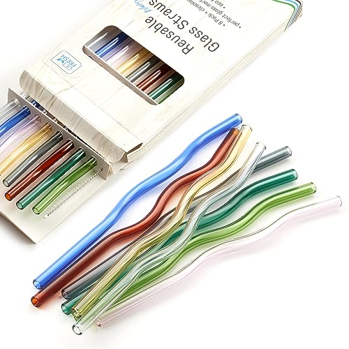 GET FRESH Reusable Wavy Glass Drinking Straws Set - 8pcs Colored Borosilicate Shatter Resistant Straws - Dishwasher Safe Cocktail Straws