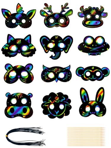 24pcs Tier Masken Kratzbilder für Kinder, Scratch Crafts Kinder...