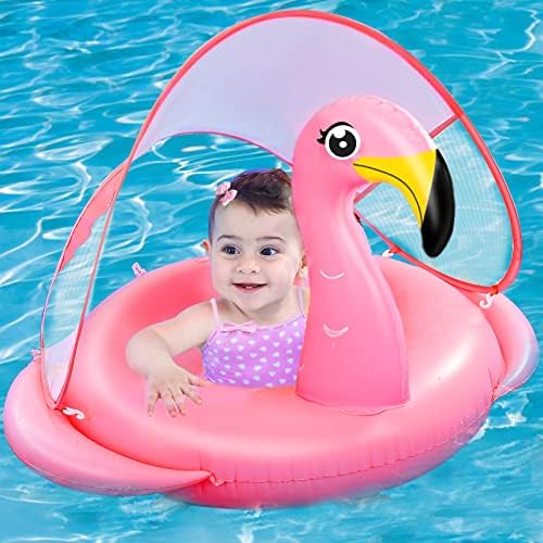 Flamingo Baby Swimming Pool Float with UPF50+ Canopy & Safety Seat, Widen Double Wings Never Flip Inflatable Pool Float Ring Babies Floaties Trainer Newborn Infant Toddler 6-36 Month Summer Water Toy