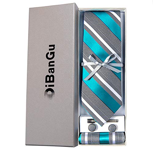 Dibangu Men's Formal Grey Teal Stripe Tie And Tie Clip Set Silk Pocket Square Cufflink With Gift Box #TOP2