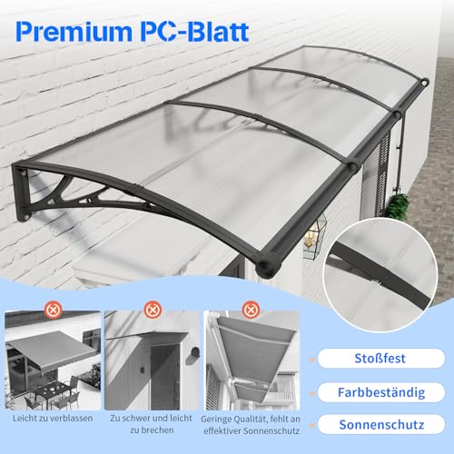 Vordach für Haustür,300x80cm Fenstervordach mit separater Entwässerung, Polycarbonat Pultvordach Überdachung für UV-, Regen- und Schneeschutz – Ideal für Veranda, Terrasse und Fenster