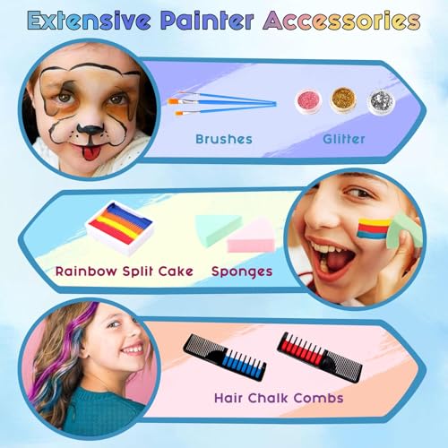 Image of Store2508 Face Body Paint Kit for Kids - 20 Colours Non-Toxic Water Based Face Painting Set with Glitter Hair Chalk Brushes Sponges Stencils and Tattoos - Safe Skin Friendly Washable Paints for Parties Festivals Halloween