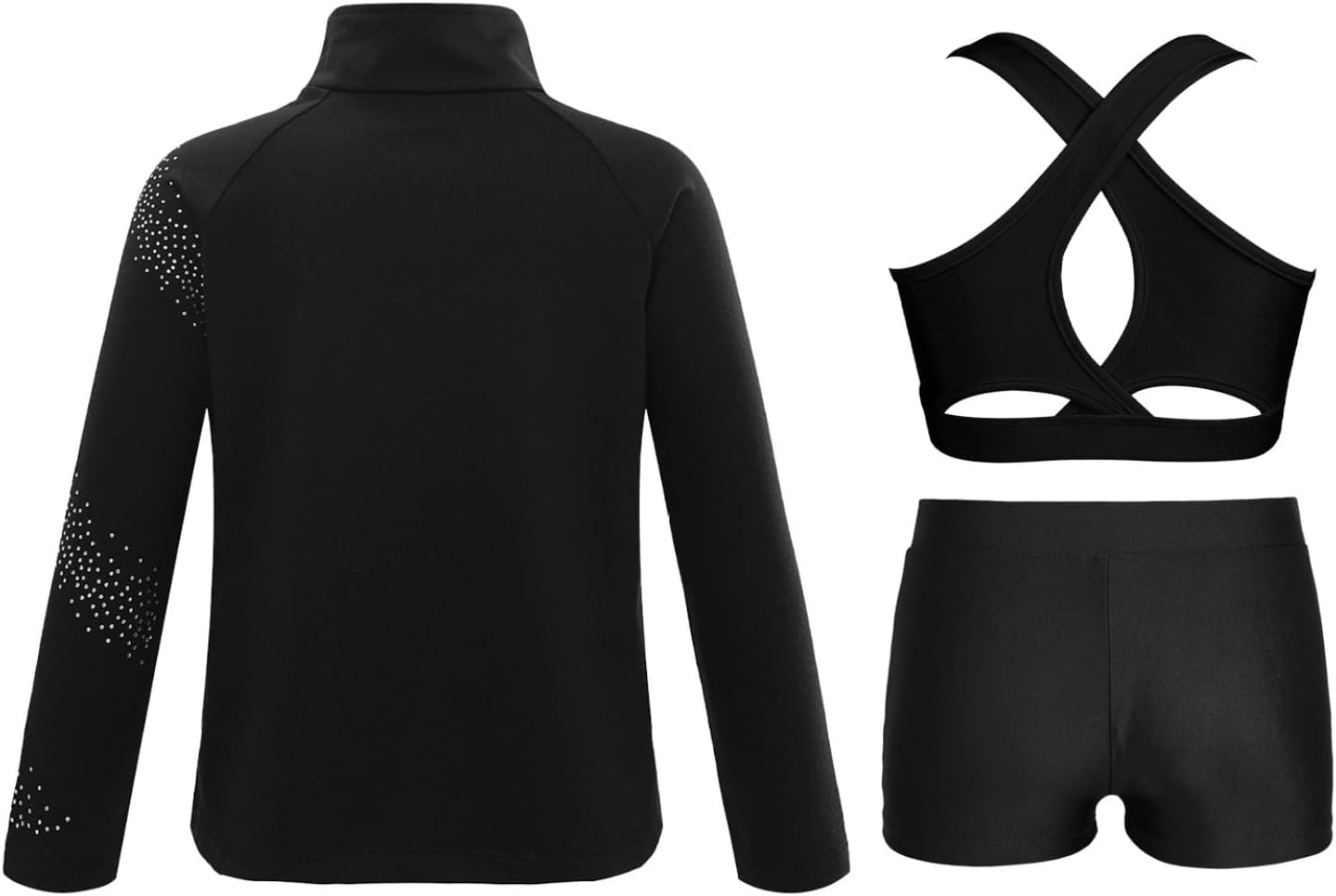 Linjinx Kids Girls Long Sleeve Figure Ice Skating Jacket Outerwear Gymnastics Crop Top with Athletic Booty Shorts Set