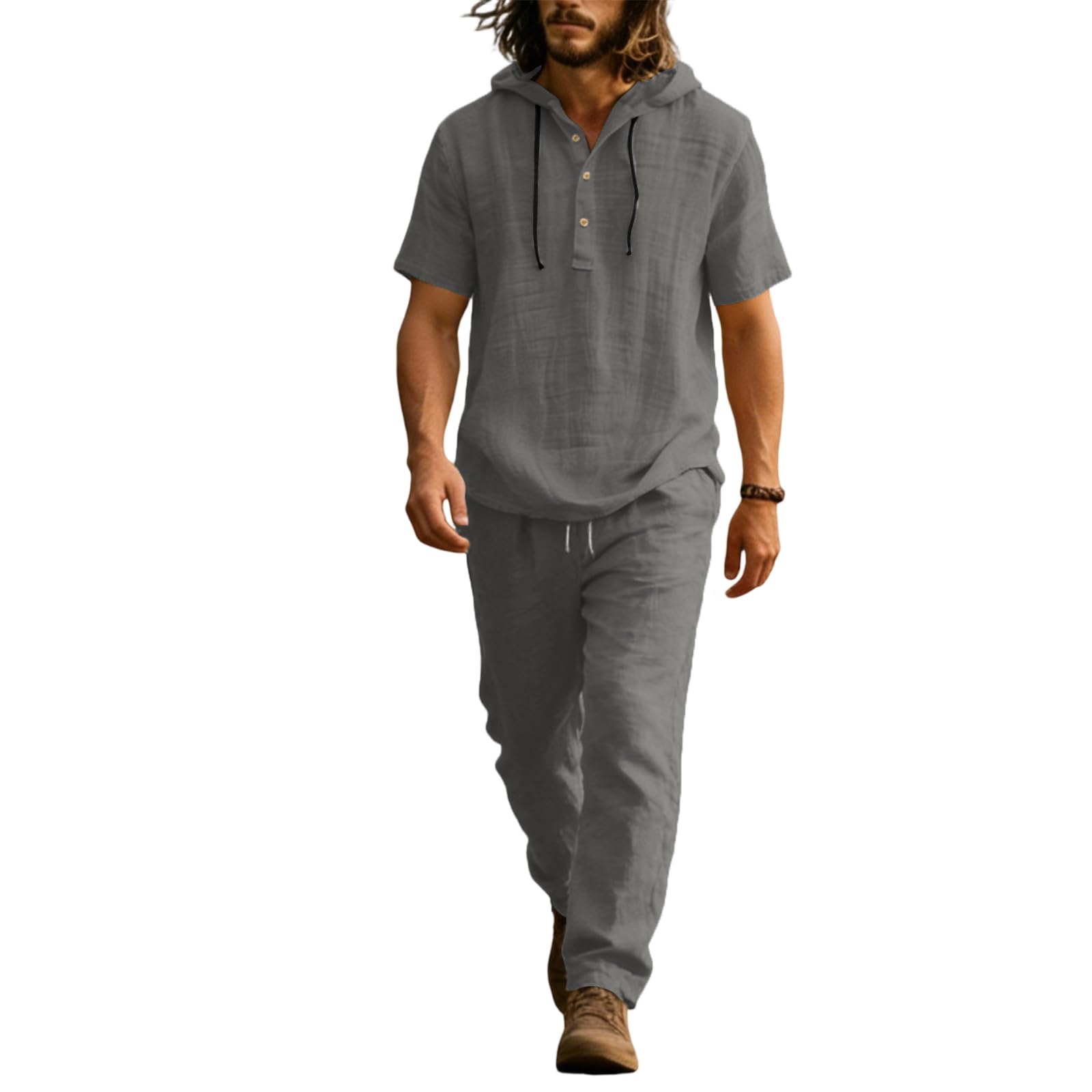 Completo di Lino Uomo Moda Tennis Tuta Estiva Felpa Maniche Corte e Pantaloni Coordinato Uomo