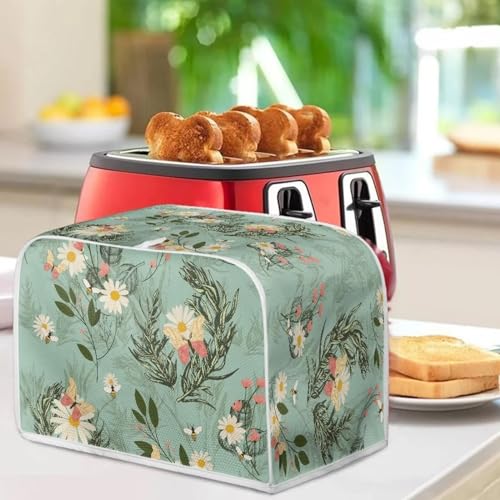 Image of Toaster Dust Cover 2 Slice, Microwave Toaster Oven Grill Stain Resistant Dustproof Kitchen Small Appliance Cover with Top Handle, Daisy Bee Leaf Blue
