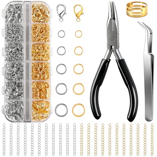 Caianwin 1303 Stück Spaltringe Set, Golden und Silber Biegeringe，Karabinerverschluss und Verlängerungsketten, mit Pinzette, Spaltringzange und Biegeringöffner