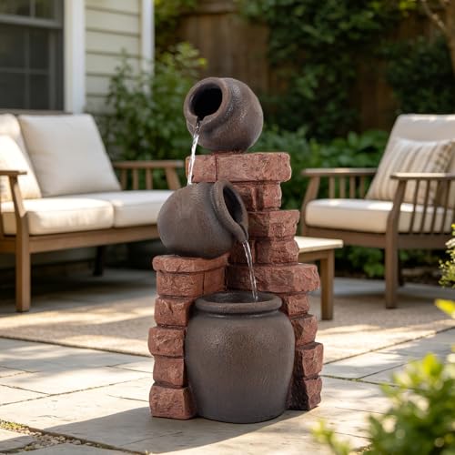 Image of Earthenware Jar Outdoor Water Fountain, Resin & LED Light, 26 in
