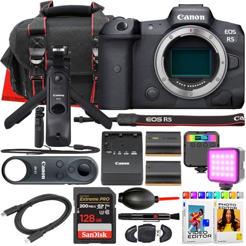Canon EOS R5 Mirrorless Camera Body + Canon HG-100TBR Tripod Grip & BR-E1 Wireless Remote Control + 128 GB Memory + LED Light + Extra Battery + More (17pc Bundle) (Renewed)