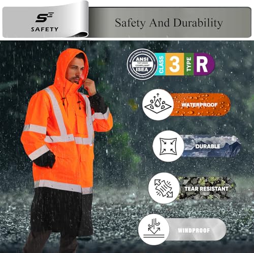sesafety Safety Rain Coats for Men Work, Class 3 HighVisibility Rain Gear Construction, Reflective Hi Vis RainJacket Lightweight Waterproof - Image 4
