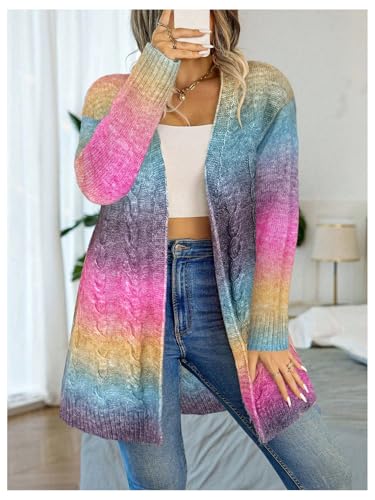 MakeMeChic Women's Plus Size Long Cardigans Rainbow Knit Open Front Crochet Colorful Cardigan Sweater3