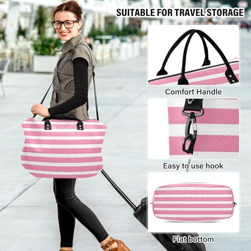 Pink and White Stripe Travel Duffle Bag,Large Weekender Travel Bag for Women Men Waterproof Luggage Bag with Trolley Sleeve,Airplane Travel Essentials for Flying 6