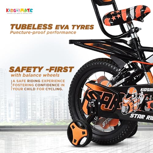 Image of Kidsmate Star Ride 14T Kids Bicycle with Training Wheels | Cycle for Kids Featuring Front Basket, Adjustable Seat & Strong Steel Frame | Perfect First Ride Kids Cycle for 2-5 Years - Neon Orange