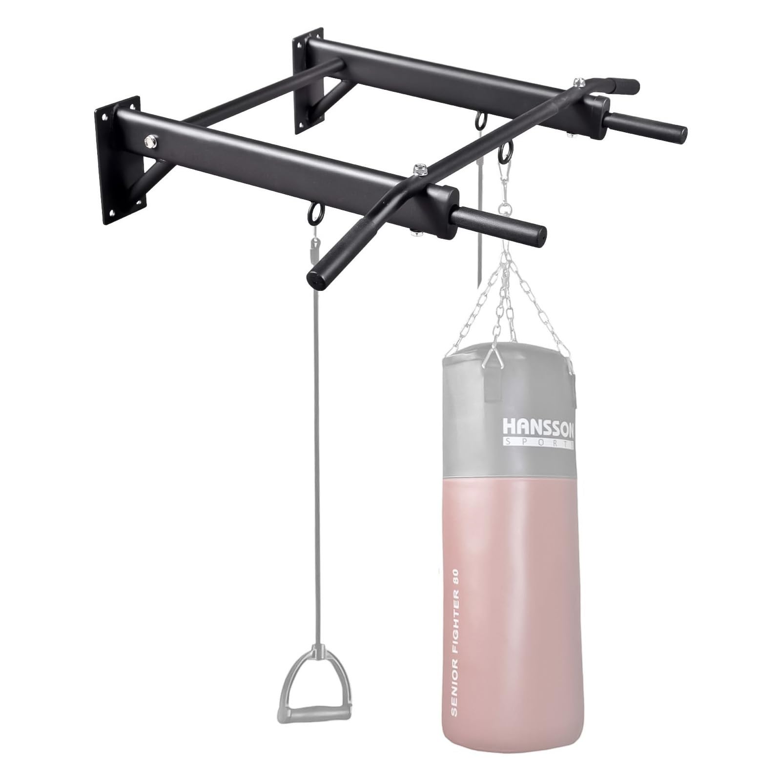 Hansson Sports® Barra per trazioni, montaggio a parete, portata fino a 350 kg, 3 occhielli per sacco da boxe, trx o imbracatura, tasselli pesanti e viti per il montaggio