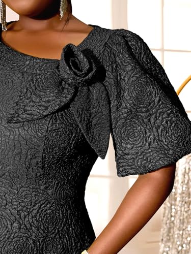 Image of AOMEI Women's Irregular Neck with Flower Short Puff Sleeve High Waist A-Line Jacquard Dress