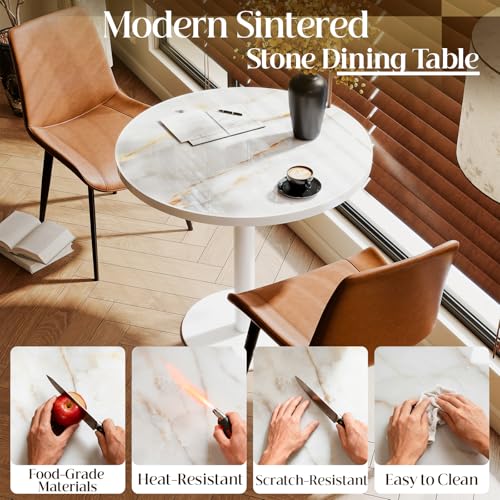 Image of 63 inch Tulip Table, Small Round Dining Table with 1.2 inch Thick Sintered Stone Tabletop and Golden Metal Pedestal Base, Bistro Table for Diner, Bar, Restaurant, kitchen, Bakery,Apartment (Marble White Gold)