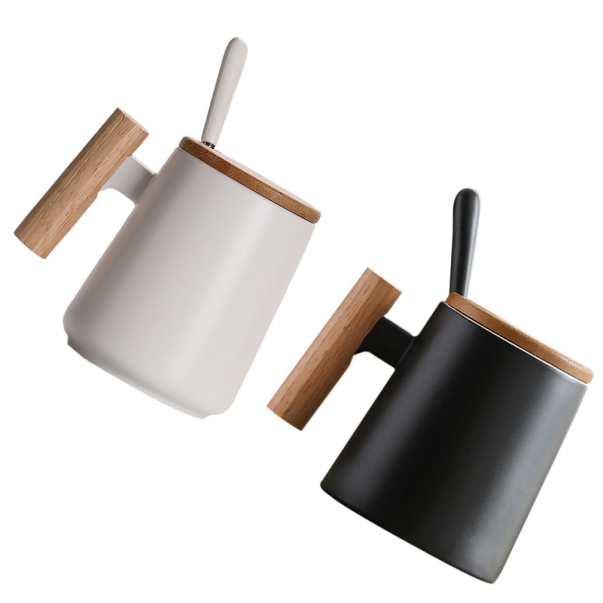 Set 2 Tazze da Caffè in Ceramica per Coppie con Coperchio in Legno e Cucchiaio, Base Piatta e Lavorazione Fine, per Colazione e Bevande Calde