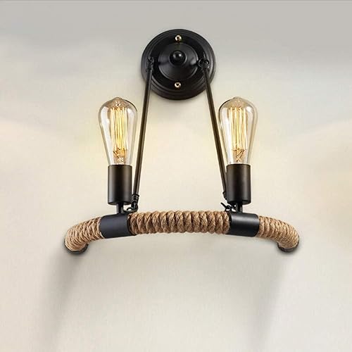 Lámpara de pared industrial vintage de 2 cabezales con cuerda de cáñamo E26 E27 Base Socket Steampunk Accesorio de iluminación para dormitorio, sala
