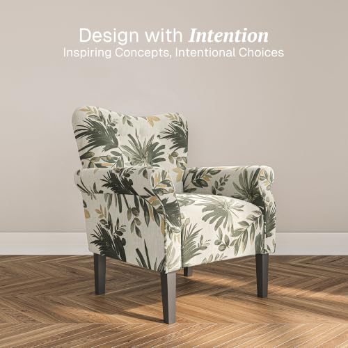Image of BELLEZE Modern Accent Chair, High Back Armchair, Upholstered Wingback Side Chair, Padded Single Sofa with Wooden Legs for Living Room, Bedroom - Green Floral