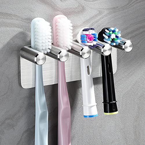 Dvocel Porte Brosse à Dents Mural Brosse à Dents Auto-Adhésif pour 4 Brosses à Dents Électriques 304 INOX Porte Têtes de Brosse à Dents Electriques pour Salle de Bain Argenté
