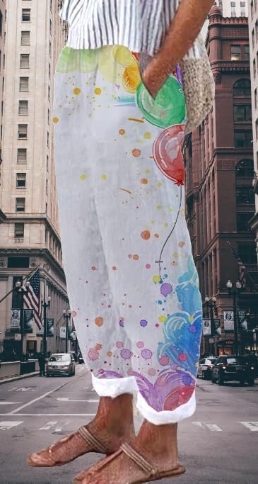 Womens Fashion 2024 Summer Casual Star Printed Palazzo Pants Loose Elastic Waist Cotton Trouser Flowy Leg Pants - Image 2