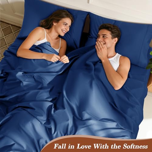 Image of 100% Egyptian Cotton Sheet Set 4 Pcs Queen Size Sheets 1000 Thread Count Breathable Soft Bedding Set Fitted Sheet with 16 inch Deep Pocket (Queen, Navy Blue)