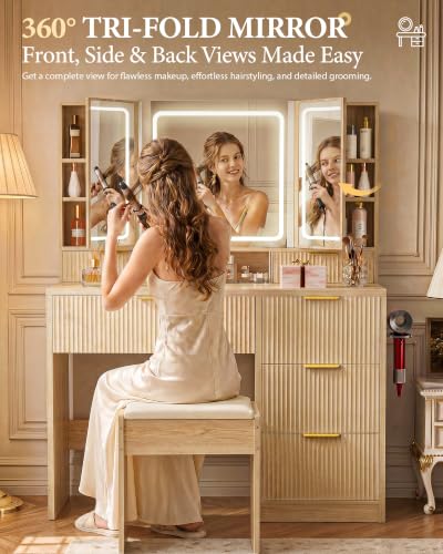Image of COMHOMA Vanity Desk with 3-Way Mirror and Lights, Makeup Vanity with 360 View Mirror, 3 Lighting Modes, 6 Drawers,Storage Cabinet Fluted Wood Vanity Table with Jewelry Hook for Women Girls