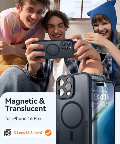 Image of CANSHN Magnetic Compatible with iPhone 16 Pro Case, Upgraded [Full Camera Protection] [Compatible with Magsafe] [Translucent Matte] Shockproof Protective Phone Case Cover 6.3 Inch - Black