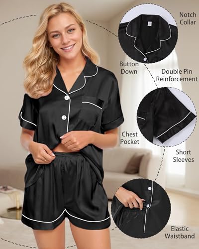 Image of 3 Piece Silk Satin Pajama Set for Women Soft Short Sleeve Button Down Pjs with Shorts Long Pants Sleepwear S-XXXL