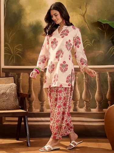 Image of EthnicJunction Women's Linen Floral Print Summer Wear Straight Short Kurti With Afghani Pant Set | Co Ord Set for Women Stylish | Fusion wear Women