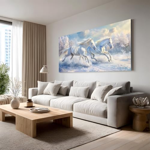 Déco Murale Chambre Adulte Cheval de Neige : Grand Tableau 50x100 cm Ambiance Forêt Féerique