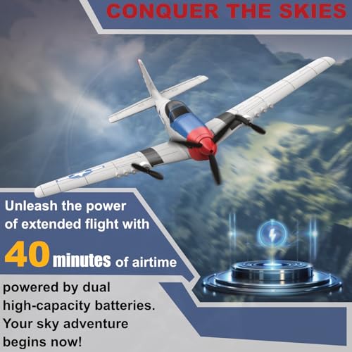 Image of RC Plane for Beginners, P51 Remote Control Airplane for Adults, 2.4GHz 3 Channel Fighter Featuring 6 Axis Gyro Stabilizer, Easy to Fly