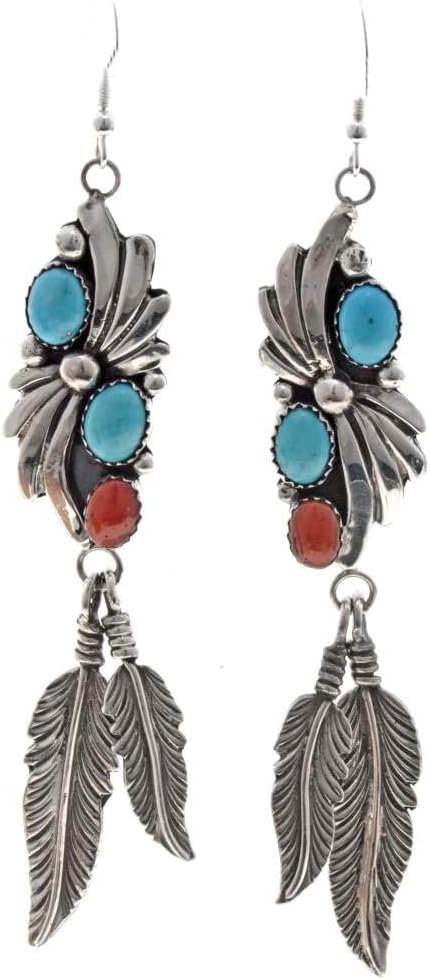 Navajo Turquoise Coral Drop Earrings Sterling Feathers French Hook Dangles 2442