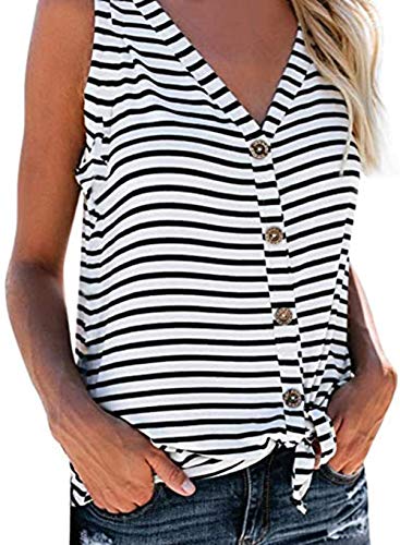 NUOREEL Womens Striped Button Down V Neck Tops Ruffle Sleeveless Tie Knot Blouses and Tops (Sleeveless Black, Medium)