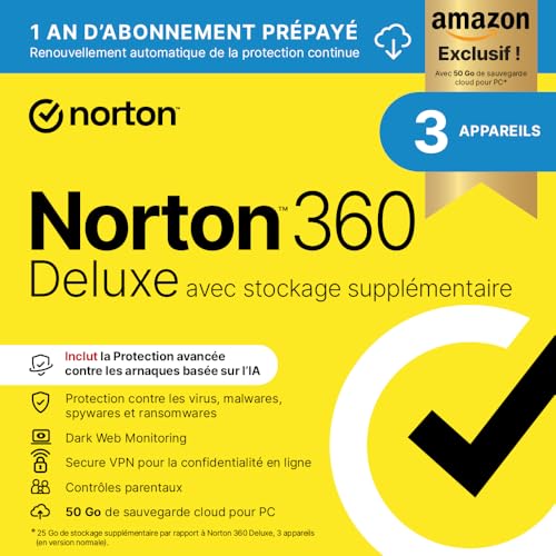 Norton 360 Deluxe Exclusivité Amazon* + 25 Go de sauvegarde cloud supplémentaire 2026 |3 Appareils | 1 An d'Abonnement en renouvellement automatique...