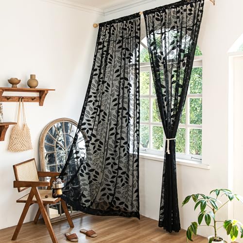 Image of Treatmentex Lace Black Sheer Curtains for Bedroom Living Room Studio 84inch Long Elegant Leaf Embroidered Semi Sheer Curtain Panels for Country Farmhouse Decor 54 inch w 2pcs 7ft