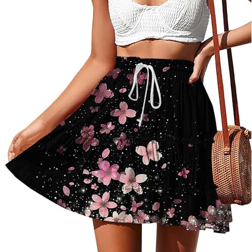 Womens Boho Floral Skirts Pleated Ruffle Tiered High Waisted Drawstring Summer Beach Vacation Mini Skirts2
