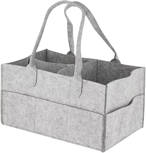 Grey Felt Baby Diaper Caddy Organiser, Multi-Compartment Storage Bag with Handles