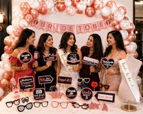 Image of Party Propz Bride To Be Decoration Set Combo -73Pcs Rose Gold Bachelorette Party Decorations | Bride To Be Props | Bride To Be Sash | Bride To Be Banner (Cardstock) | Bride To Be Balloon