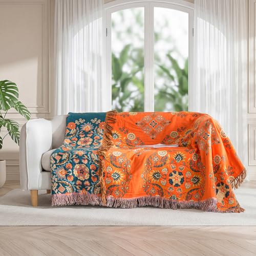 Image of LUTBM Boho Throw Blanket for Bed 60 inchx80 inch, 100% Cotton Orange Couch Blankets