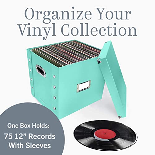 Image of Snap-N-Store Vinyl Record Storage Box - 12 inch - 1 Pack- Crate Holds up to 75 Vinyl Albums - Mint | Collapsible LP holder with lid, snaps together for easy assembly, stylish record organizer for shelf display