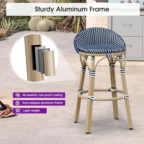 Image of PURPLE LEAF Patio Oversized Backrest Bar Height Stool Set of 1 Outdoor Round Barstools Aluminum Frame in Champagne Finish Woven Rattan for Indoor Kitchen Dining Bistros Cafe Restaurant Navy Blue