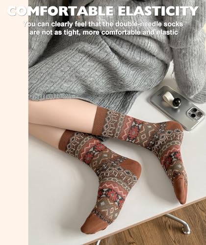 Image of IIG 3-5 Pairs Womens Vintage Cozy Crew Socks Soft Cute Neutral Cotton Socks Exquisite Patterns Socks Gift