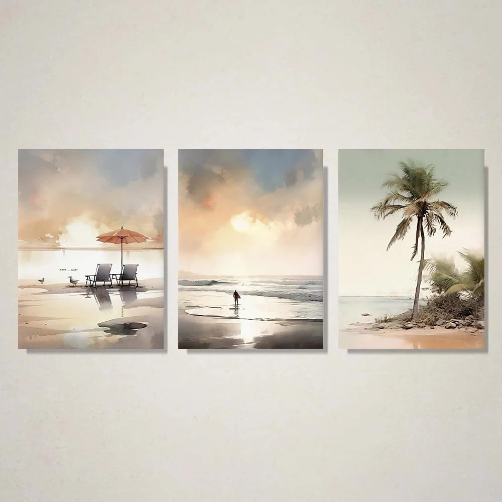 GKUVBF Quadro su tela con stampa astratta di sdraio in stile boho, paesaggio da spiaggia, tramonto sul mare e palme, ideale per soggiorno e arredamento (50x70 cm x 3/cornice interna).