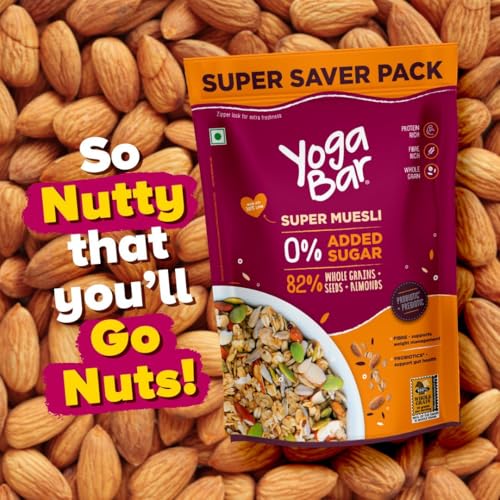Image of Yogabar Super Muesli, No Added Sugar, Breakfast Muesli with Probiotics & Prebiotics, 84% Whole Grains + Seeds + Almonds, 700g