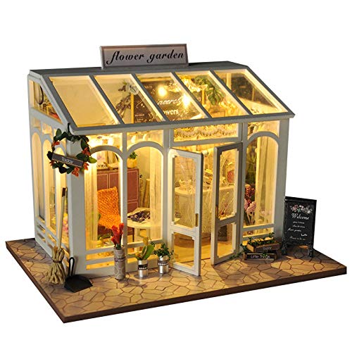 DIY Miniature Wooden Dollhouse Kit with LED Light, Furniture and Music Movement Doll House set home decoration Best Christmas's Gift for Teens, Friends and Family (flower garden)