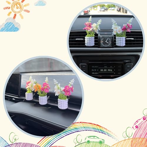 Image of Set of 3 Cute Mini Flower Vases with Bouquet, Car Vent Clips & Air Freshener, Fresh Scent Car Decoration Accessories (marble, S)