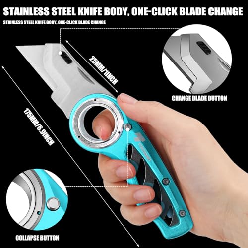 Image of Tondiamo 2 Pcs Folding Pocket Utility Knife Heavy Duty Box Cutter Folding Razor Knife with Anti Slip Finger Loop Easy Change Blades 3 Lock Positions Design (Emerald Green)