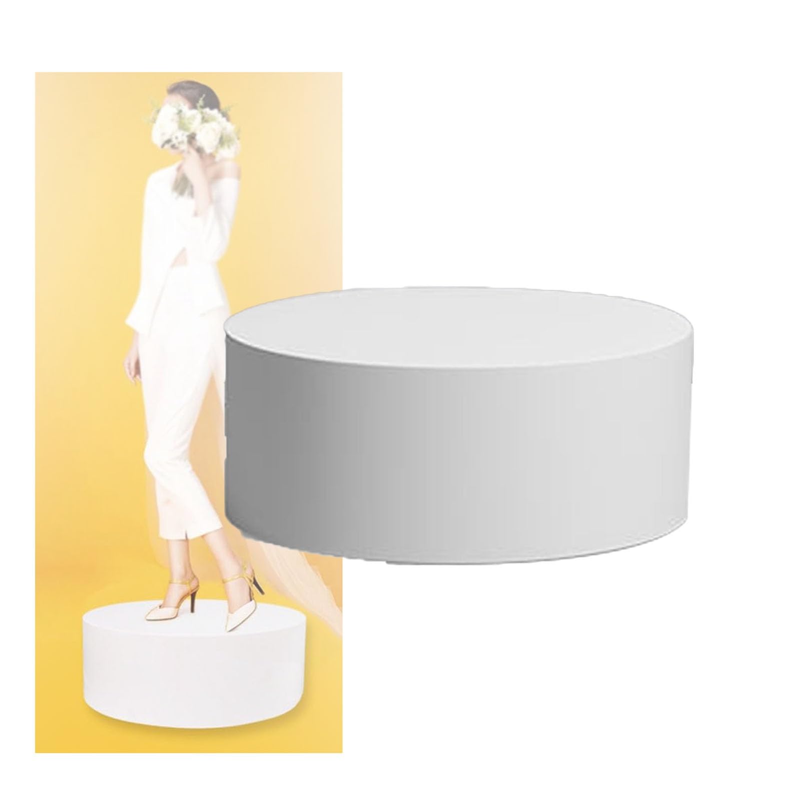 Socle rond en bois vitrine magasin vêtement mariage blanc