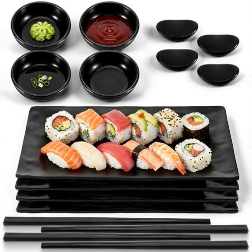 Oqqlin 16 Pieces Sushi Plate Set Melamine Sushi Serving Set Includes 4Pcs Trays 4Pcs Soy Sauce Dishs 4 Pair Chopsticks and 4 Pcs Chopstick Holders (Black)