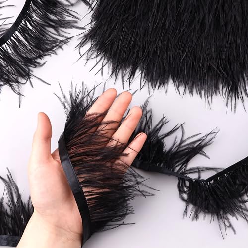 GXTIZAS Black Ostrich Feathers Trim 2.5Yards Fringe Trim Feather for Crafts Sewing Costumes, Latin Wedding Dresses, Stage Outfit DIY Accessories